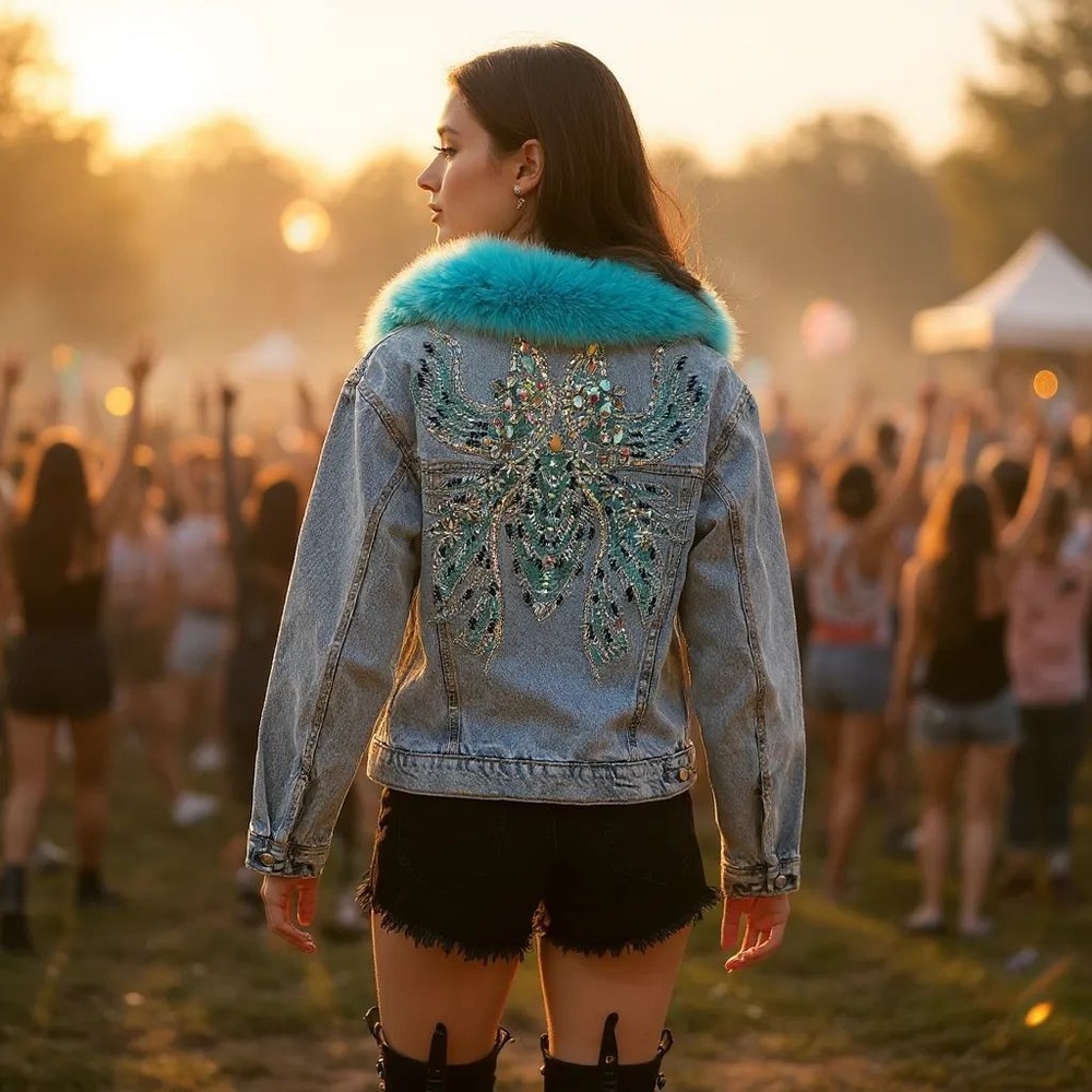 Embellished Denim Jacket with Turquoise Genuine Fur Collar
